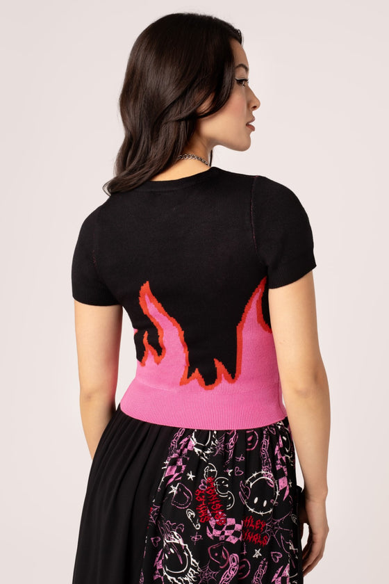 Hell Bunny Dylan Top Knit Jumper with Flame Design Smiley Collab