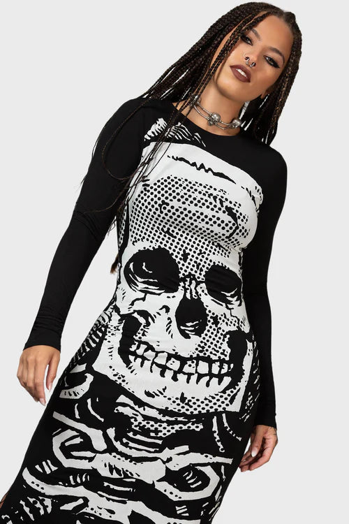 Killstar Spine Chilling Maxi Dress with Long Sleeves and Skull Print Super Sexy