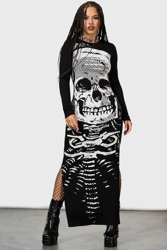 Killstar Spine Chilling Maxi Dress with Long Sleeves and Skull Print Super Sexy