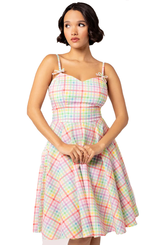 Hell Bunny Suzon Knee Dress Rainbow Gingham Plaid Check