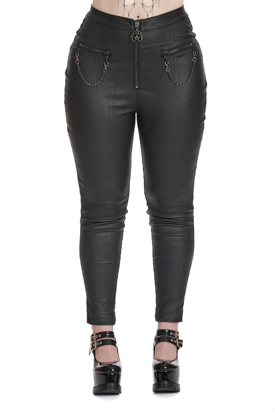 Banned Alternative Handcuff Stretch Skinny Trousers in Black Check Coated Wet look
