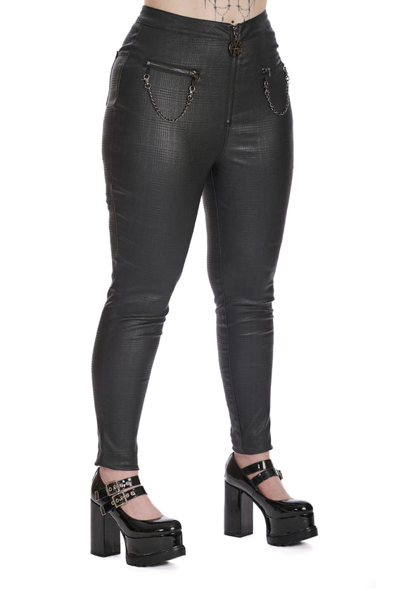 Banned Alternative Handcuff Stretch Skinny Trousers in Black Check Coated Wet look
