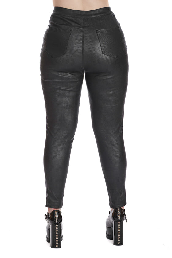 Banned Alternative Handcuff Stretch Skinny Trousers in Black Check Coated Wet look