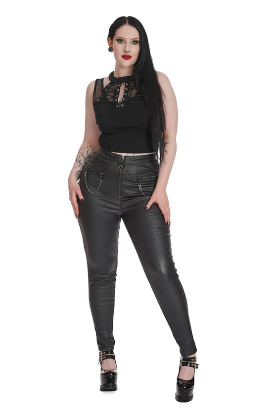 Banned Alternative Handcuff Stretch Skinny Trousers in Black Check Coated Wet look
