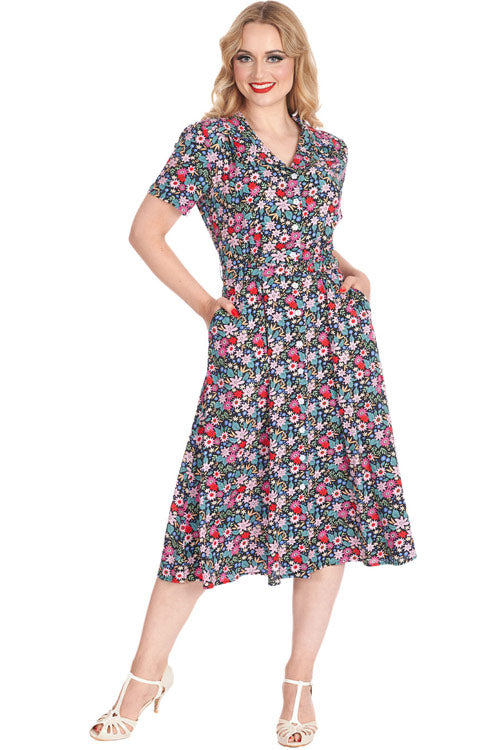 Banned Retro Tea Party Shirt Swing Dress with Belt in Pink and Black Floral Print