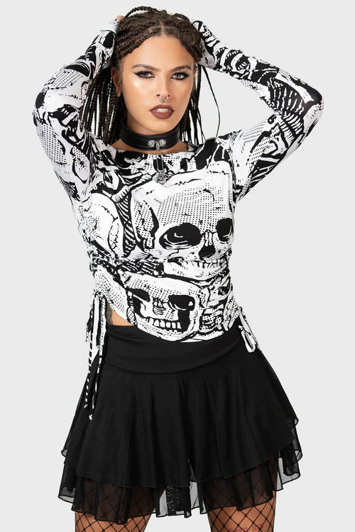 Killstar Unhappy Haunting Long Sleeve Top with Drawstring Sides and Skull Print