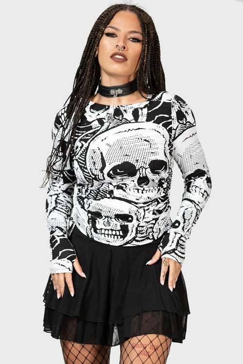 Killstar Unhappy Haunting Long Sleeve Top with Drawstring Sides and Skull Print