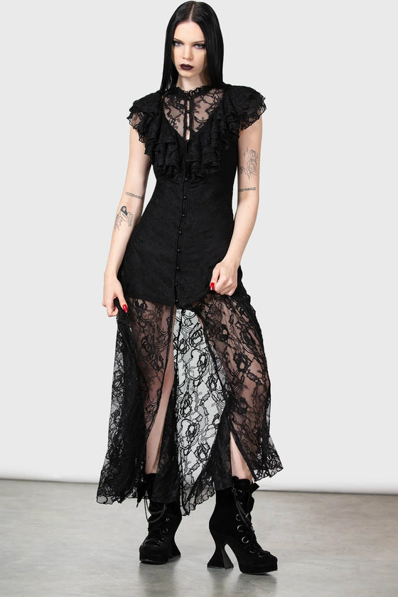 Killstar Vampires Ball Maxi Dress Floaty Lace with Ruffles Classic Goth