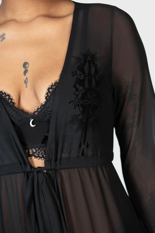 Killstar Widows Tears Black Mesh Robe with Flocked Detail Sexy Femme Fatale