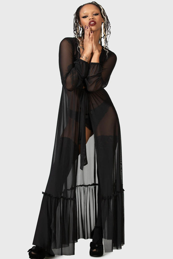 Killstar Widows Tears Black Mesh Robe with Flocked Detail Sexy Femme Fatale