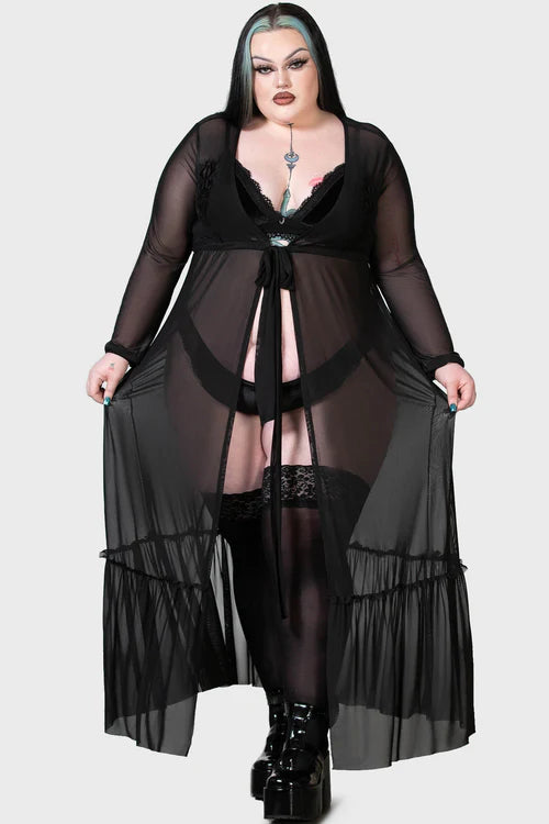 Killstar Widows Tears Black Mesh Robe with Flocked Detail Sexy Femme Fatale