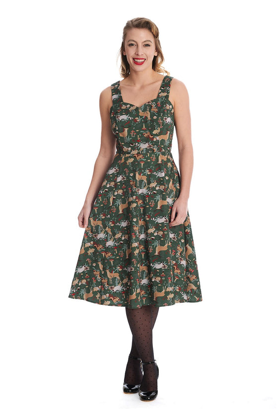 Banned Retro Woodland Creatures Swing Dress Deer Raccoons Mushrooms