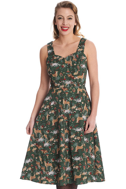 Banned Retro Woodland Creatures Swing Dress Deer Raccoons Mushrooms