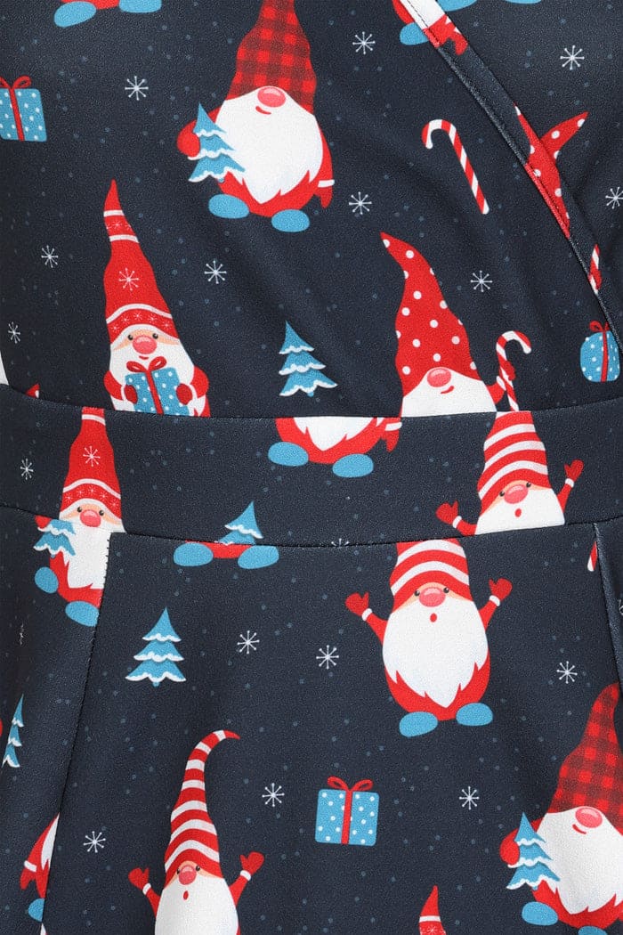 Lady Vintage Lyra Mini Knee Flare Dress in Xmas Gnomes Print Christmas UK26-28