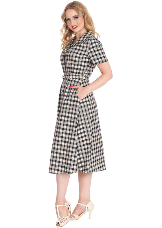 Banned Retro Cherry Check Shirt Swing Dress with Belt in Navy Gingham