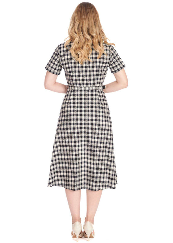 Banned Retro Cherry Check Shirt Swing Dress with Belt in Navy Gingham