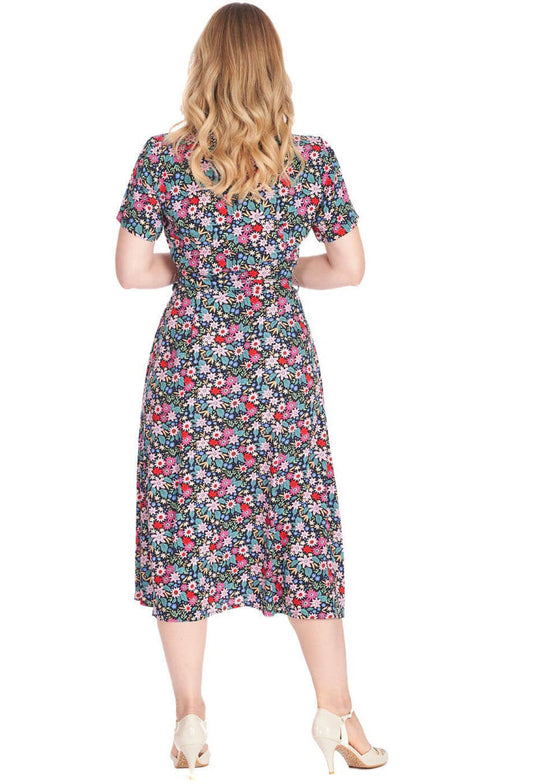 Banned Retro Tea Party Shirt Swing Dress with Belt in Pink and Black Floral Print