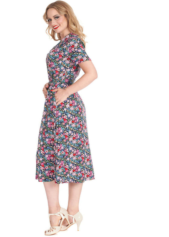 Banned Tea Party Shirt Dress with Belt in Pink and Black Floral Print
