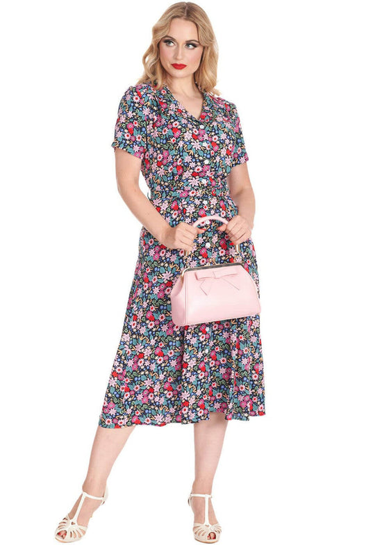 Banned Retro Tea Party Shirt Swing Dress with Belt in Pink and Black Floral Print