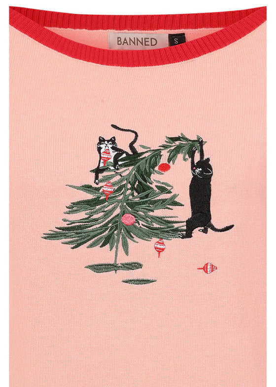 Banned Retro Kiki Purrfect Christmas Knit Jumper in Pink Christmas