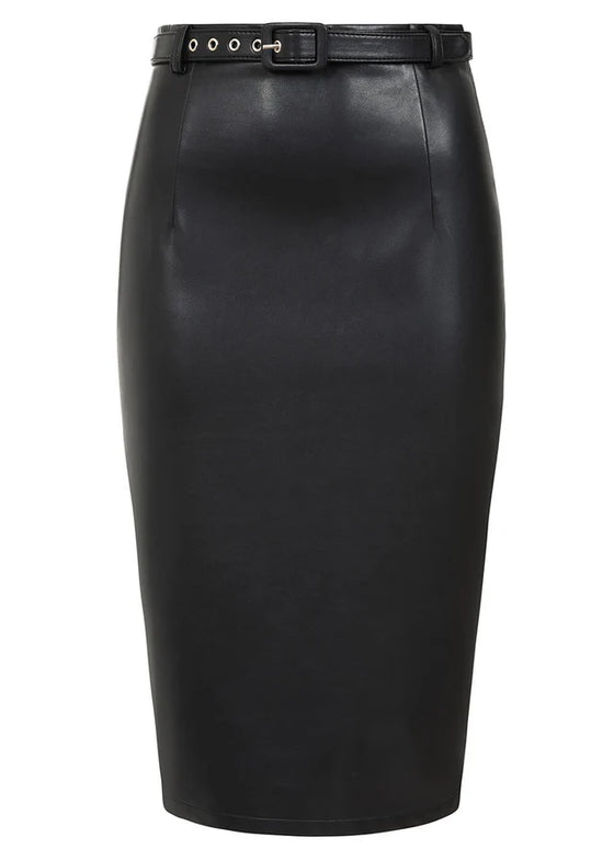 Banned Retro Ada Pencil Skirt in Black PU with Belt Leather Look