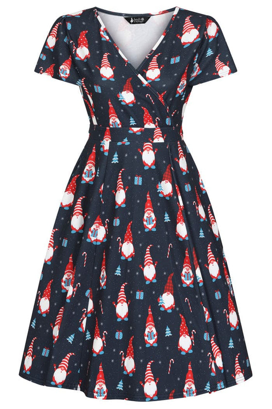 Lady Vintage Lyra Mini Knee Flare Dress in Xmas Gnomes Print Christmas Kitty Deluxe Lady Vintage Lyra Mini Knee Flare Dress in Xmas Gnomes Print Christmas Kitty Deluxe