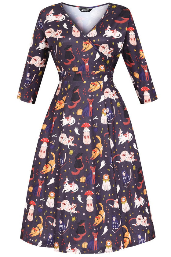 Lady Vintage Lyra Dress in Halloween Cat Party Print