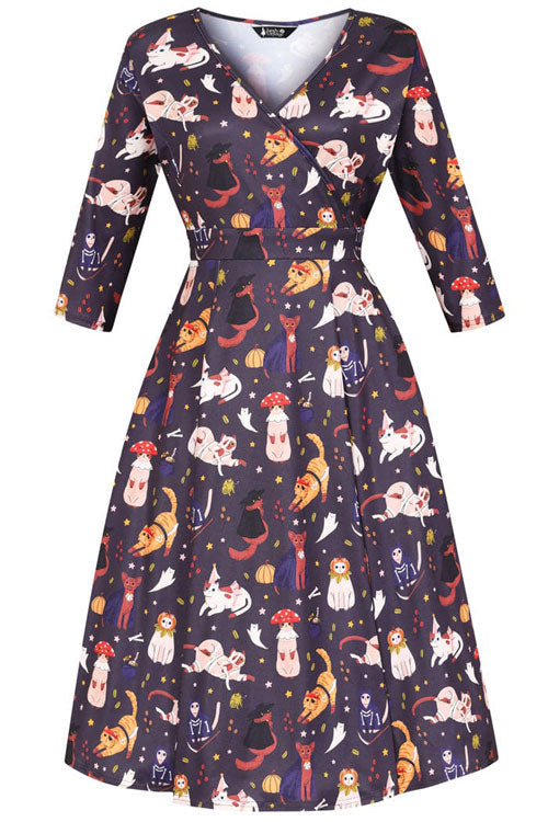 ladies cat dress Lady Vintage Lyra Knee Flare Dress in Halloween Cat Party Print UK18