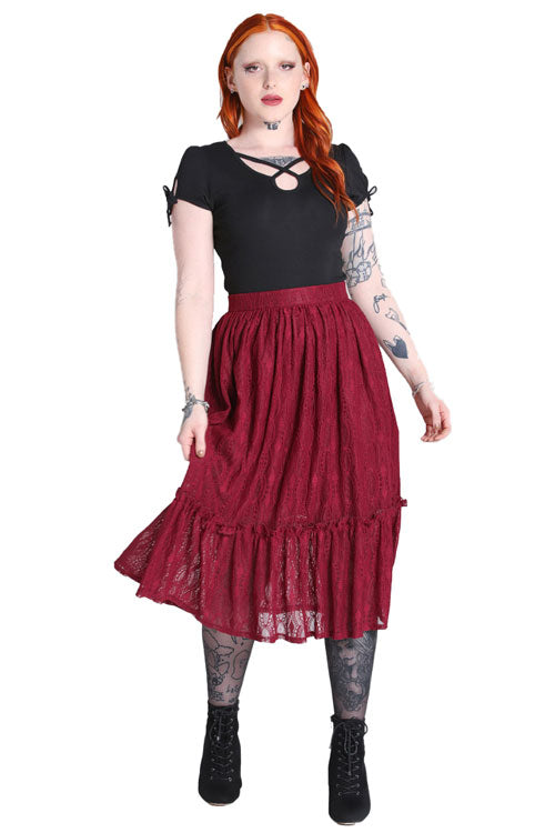 Hell Bunny Rhea Stretch Lace Burgundy Skirt