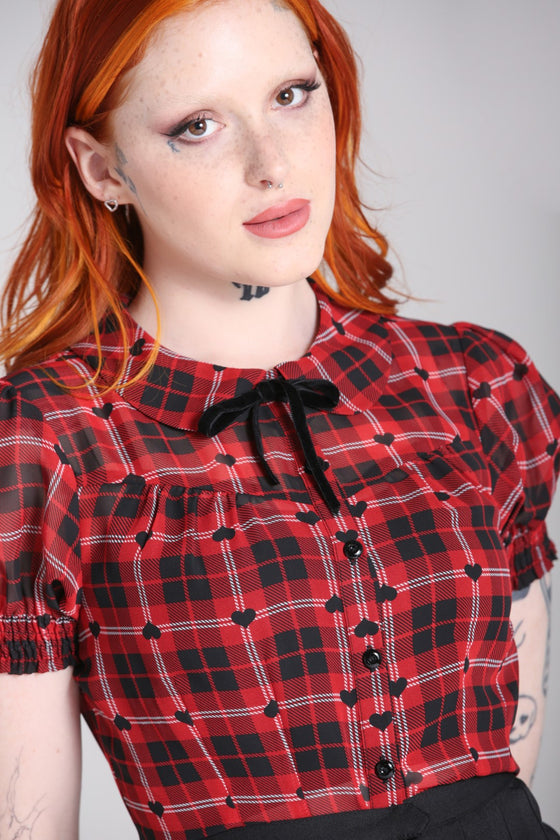Hell Bunny Date Night Sheer Blouse Hearts and Tartan