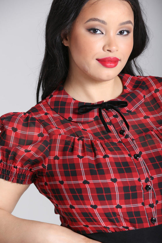 Hell Bunny Date Night Sheer Blouse Hearts and Tartan