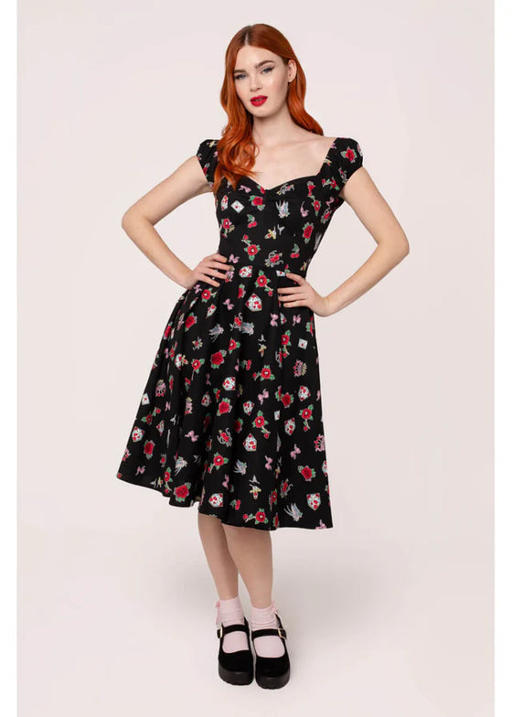 Hell Bunny Carlotta Midi Dress with Tattoo Inspired Print