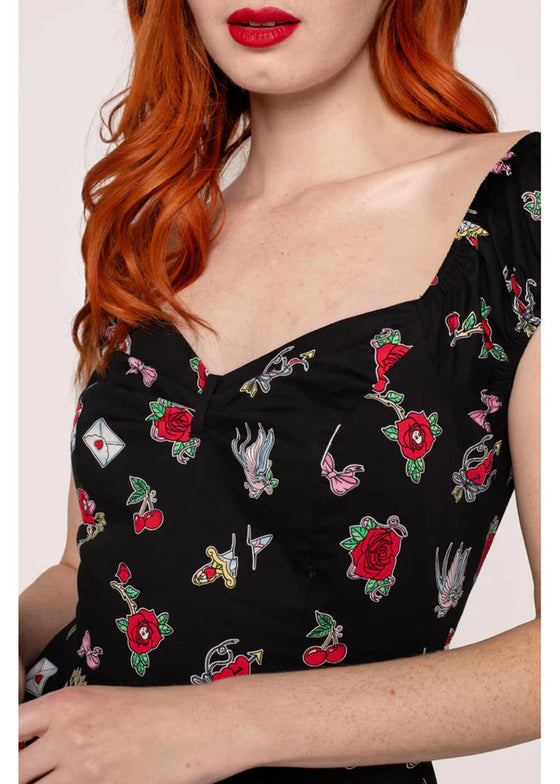 Hell Bunny Carlotta Midi Dress with Tattoo Inspired Print