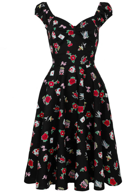 Hell Bunny Carlotta Midi Dress with Tattoo Inspired Print