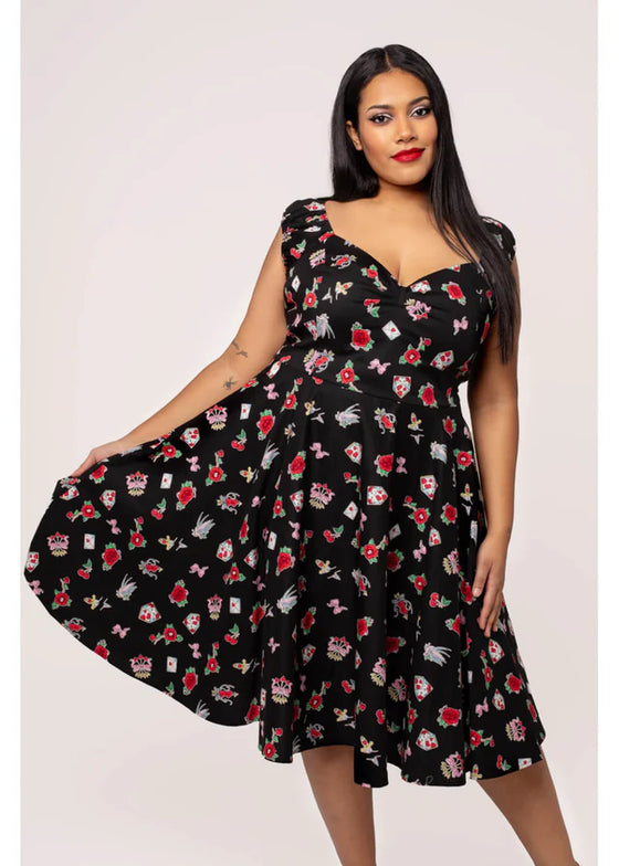 Hell Bunny Carlotta Midi Dress with Tattoo Inspired Print