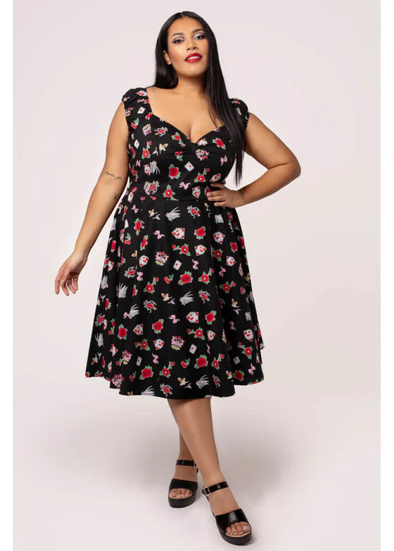 Hell Bunny Carlotta Midi Dress with Tattoo Inspired Print