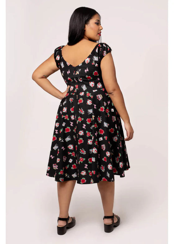 Hell Bunny Carlotta Midi Dress with Tattoo Inspired Print