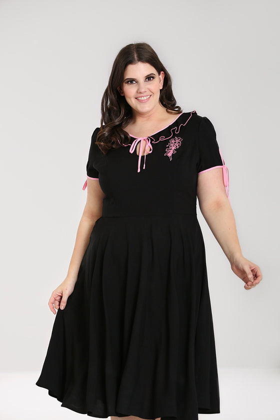 Hell Bunny Rosetta Dress Pink Embroidery and Ruffle Detailing