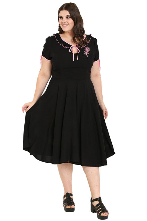 Hell Bunny Rosetta Dress Pink Embroidery and Ruffle Detailing