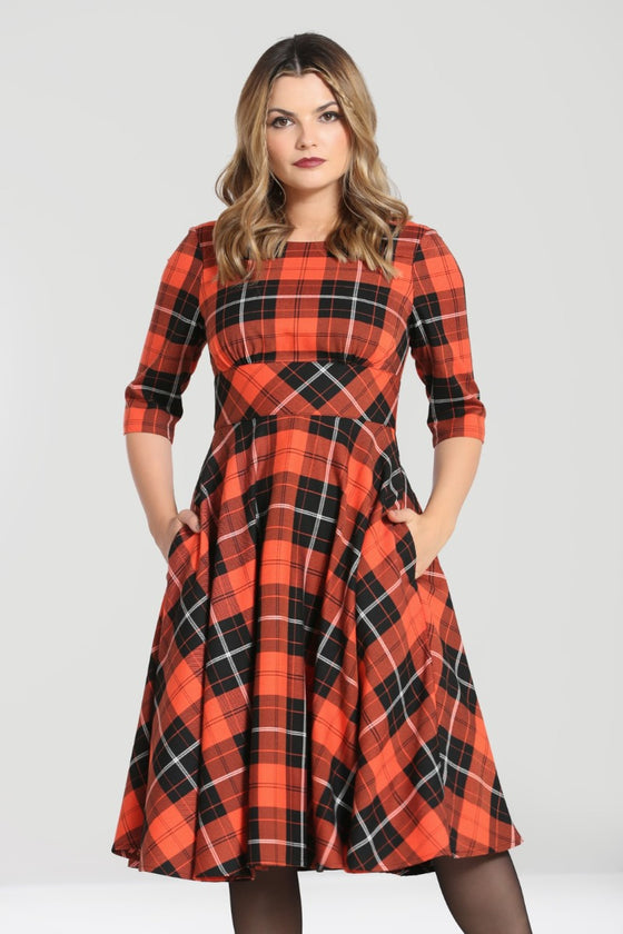 Hell Bunny Clementine 50's Dress in Black and Orange Tartan