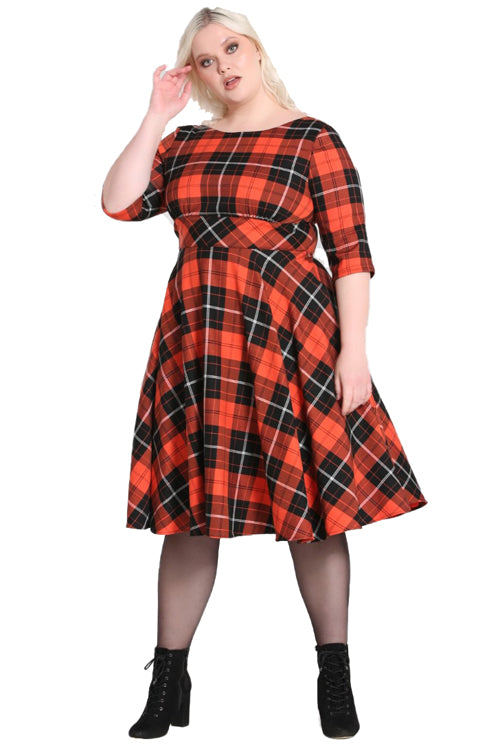 Hell Bunny Clementine 50's Dress in Black and Orange Tartan