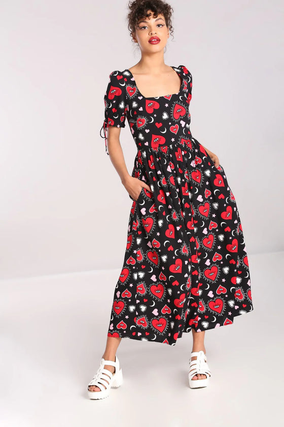 Hell Bunny Kate Heart Dress Maxi Funky Heart and Eye Print