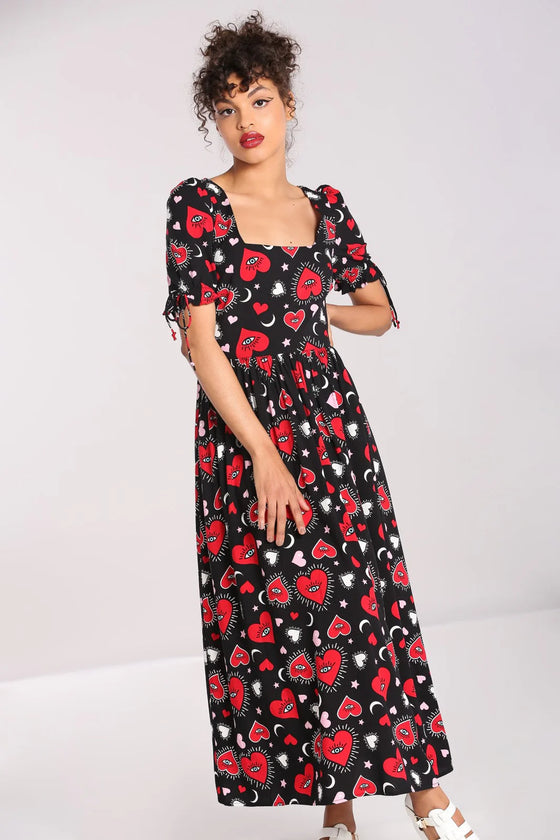 Hell Bunny Kate Heart Dress Maxi Funky Heart and Eye Print