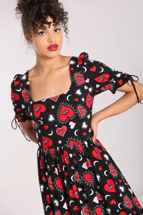 Hell Bunny Kate Heart Dress Maxi Funky Heart and Eye Print