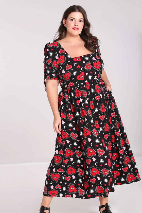 Hell Bunny Kate Heart Dress Maxi Funky Heart and Eye Print