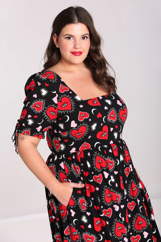 Hell Bunny Kate Heart Dress Maxi Funky Heart and Eye Print