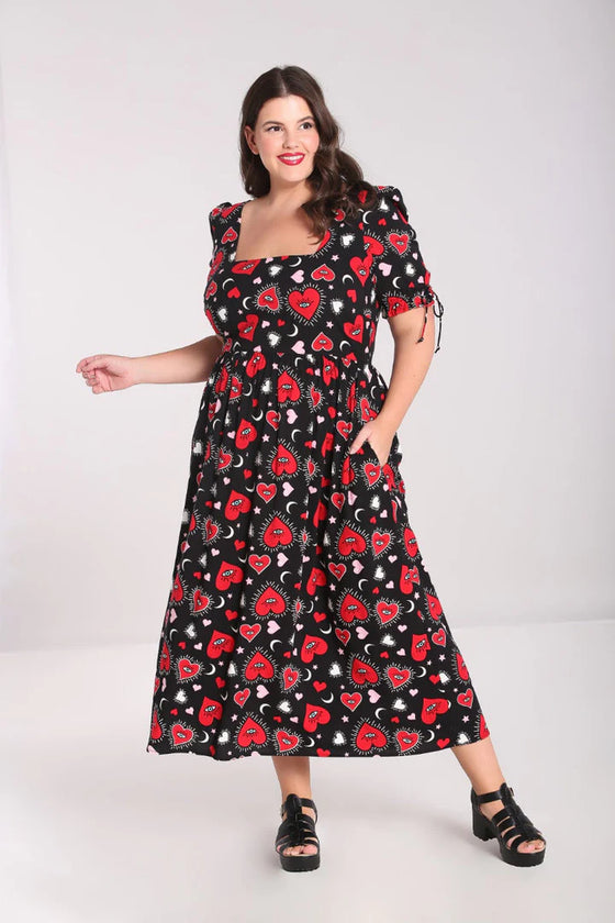 Hell Bunny Kate Heart Dress Maxi Funky Heart and Eye Print