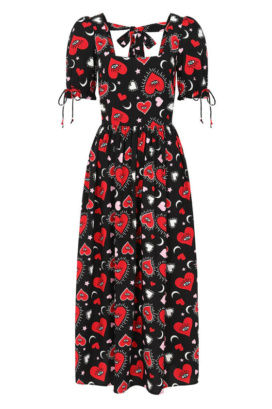 Hell Bunny Kate Heart Dress Maxi Funky Heart and Eye Print