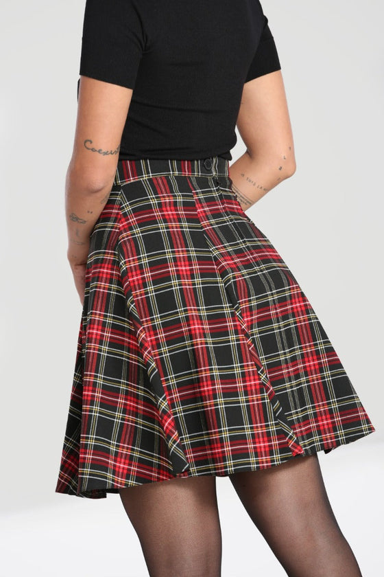 Hell Bunny Smith Skater Mid Skirt Black and Red Tartan