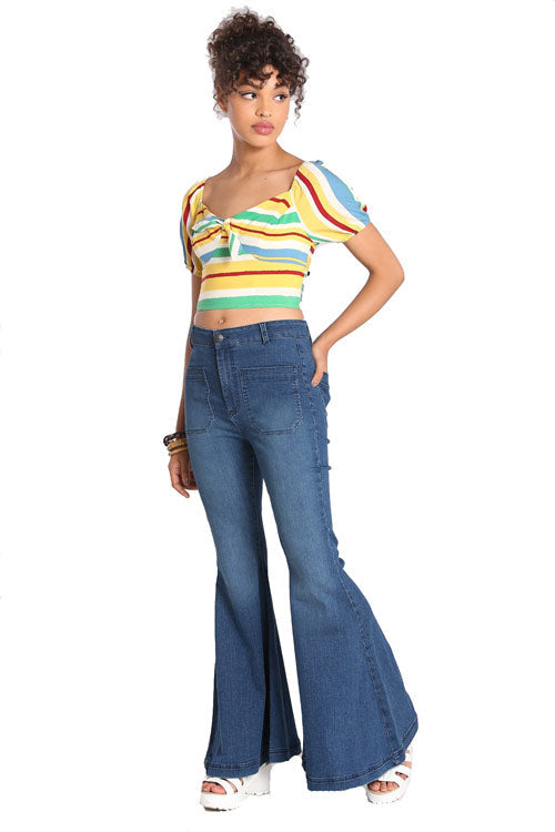 Hell Bunny Janis Flared Jeans in Blue STRETCHY